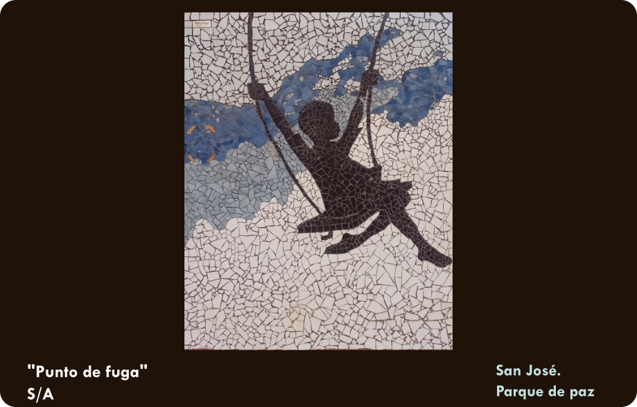 Mural realizado con pedazos de ceramica que muestra a una niña afrodescendiente columpiandose en una hamaca de cuerda